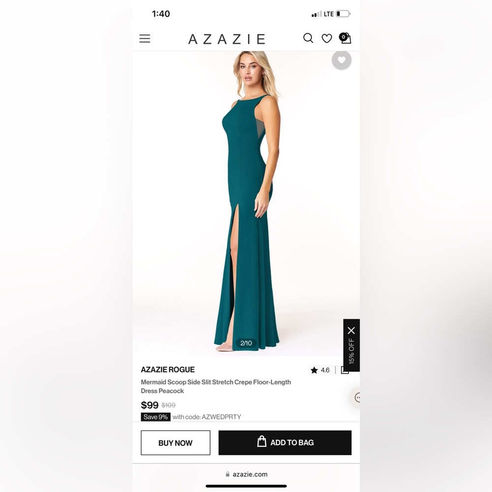 Azazie Rogue Floor length stretch crepe bridesmaid dress/ color: peacock